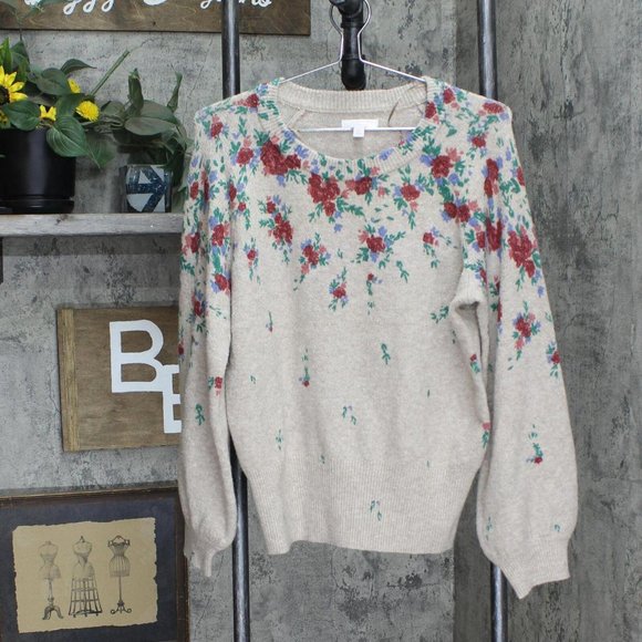 LC Lauren Conrad Sweaters - NEW LC Lauren Conrad Womens Puff Sleeve Knit Floral Sweater Brown Multi M